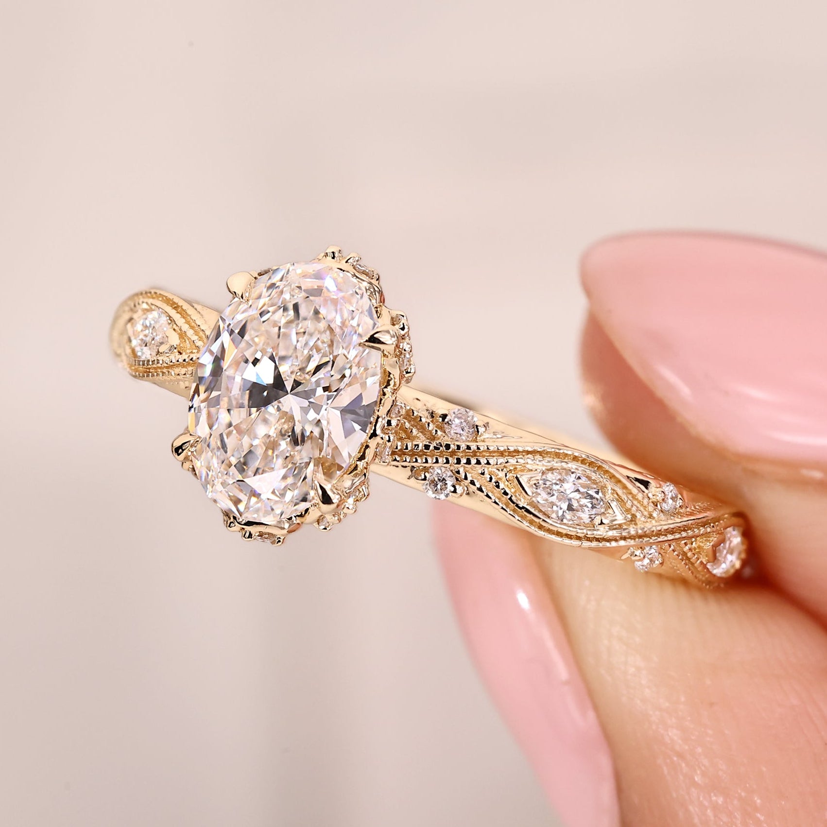 Art deco diamond ring featuring marquise and round side diamond accents.