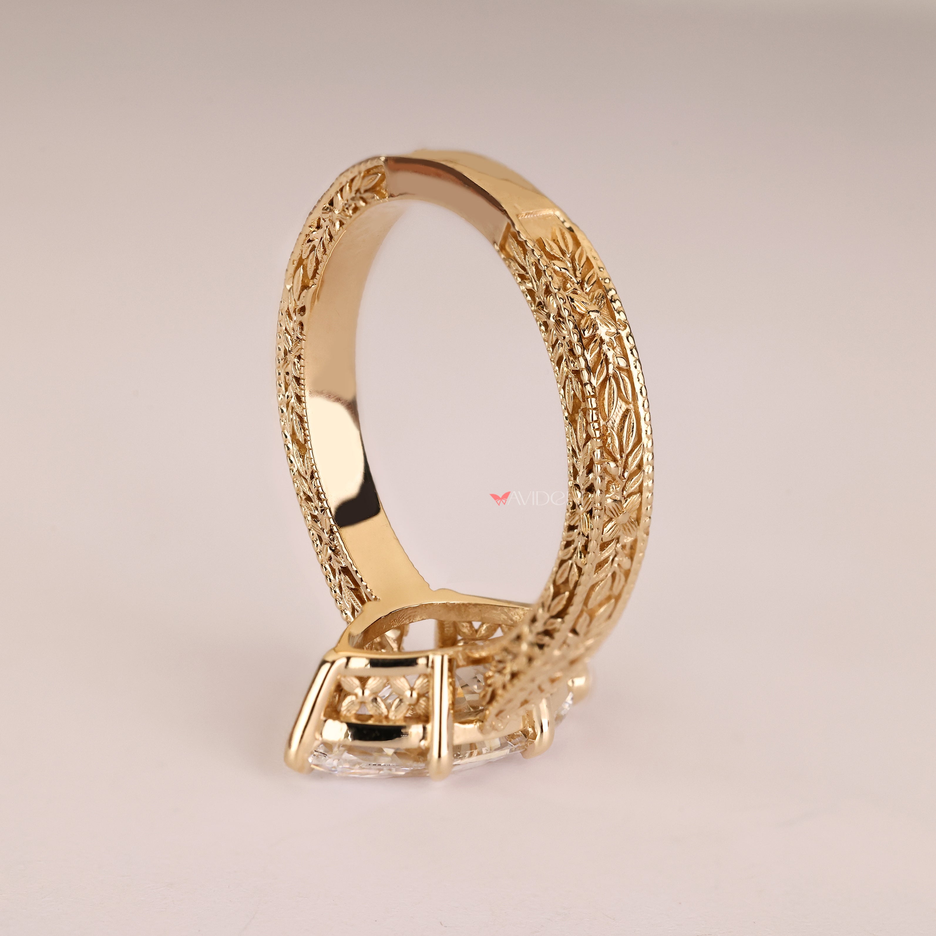 Lab grown diamond ring with milgrain and filigree details
