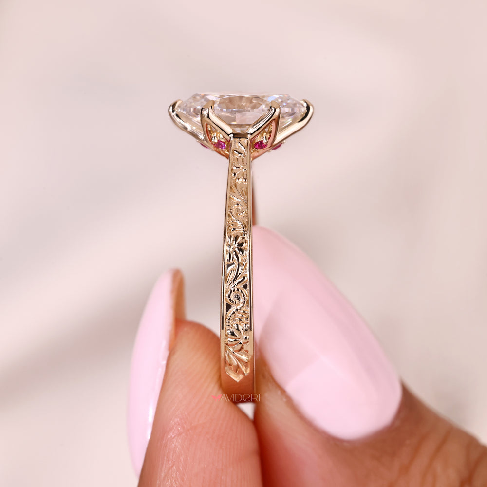 Oval diamond engagement ring with tulip and cathedral setting
