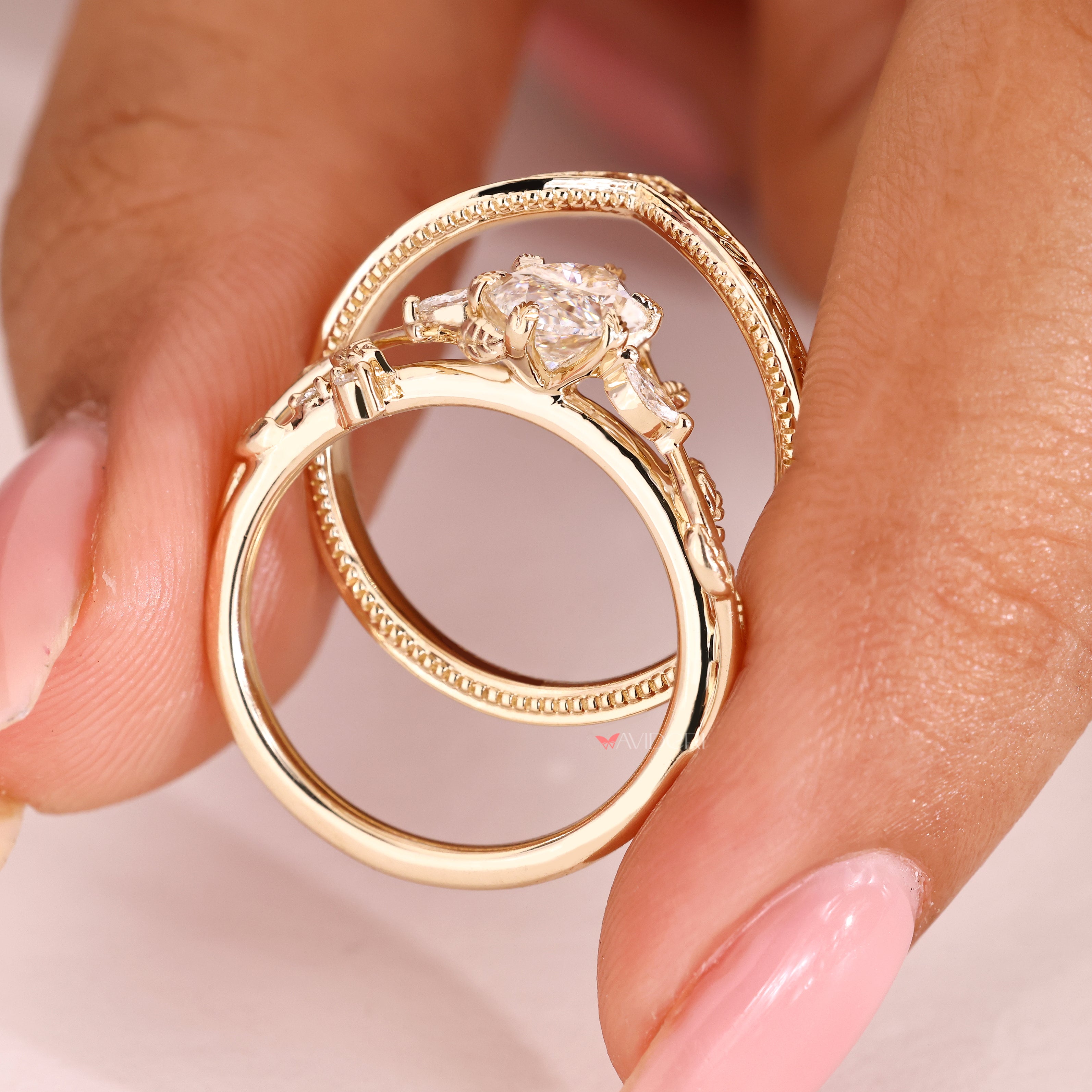 Lab grown diamond ring set with leaf style prongs

