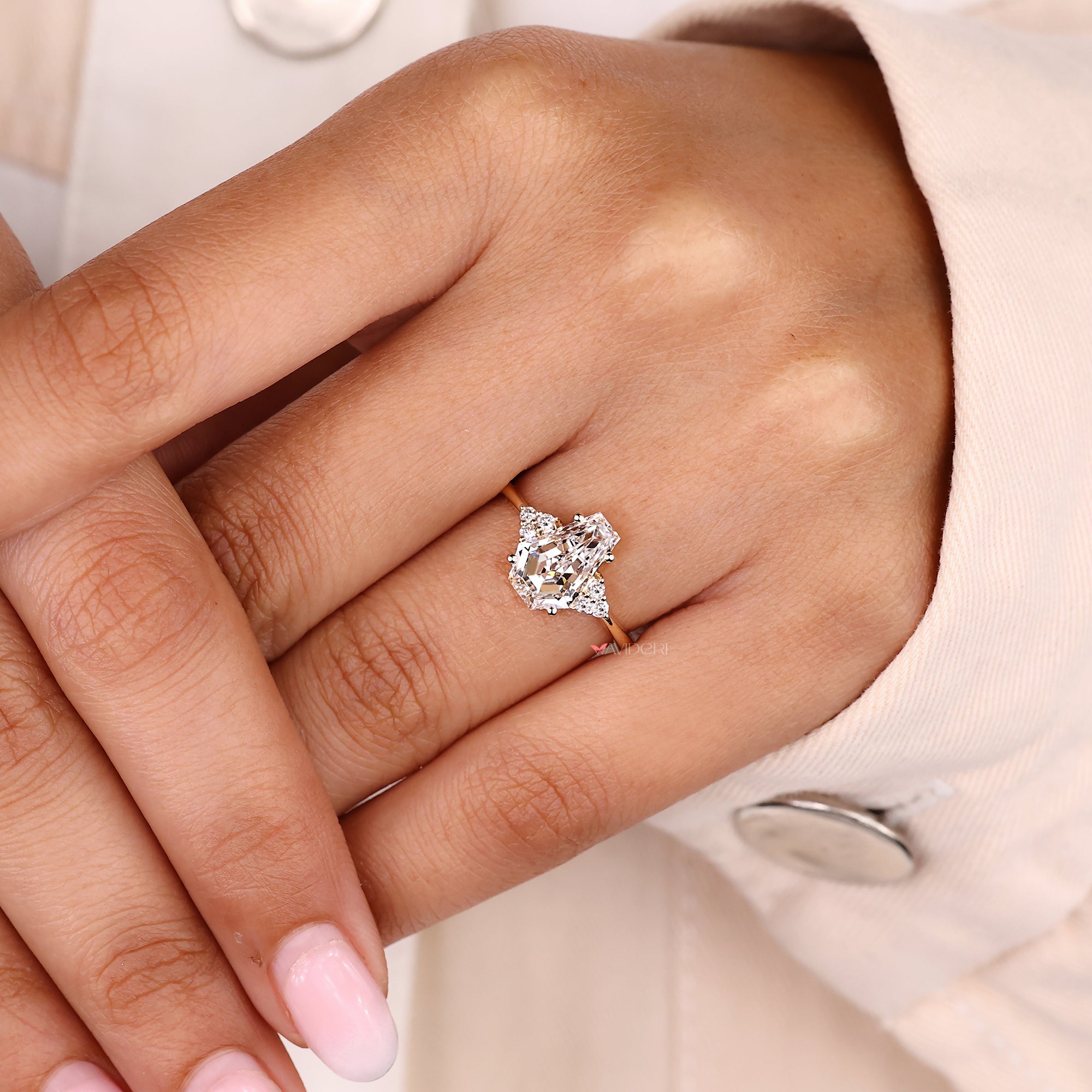 Coffin cut center diamond seven stone ring handmade.
