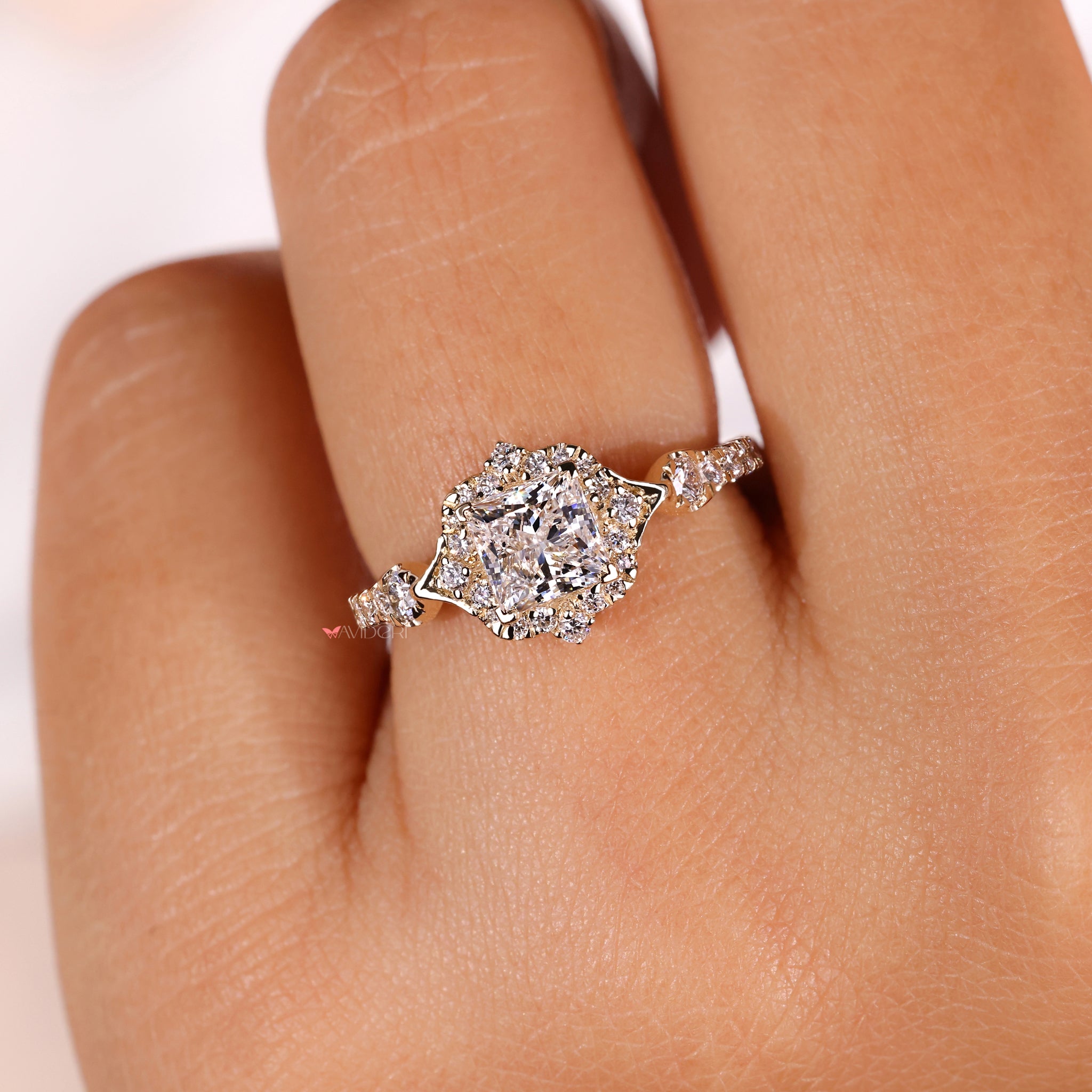 IGI certified princess cut halo diamond ring.