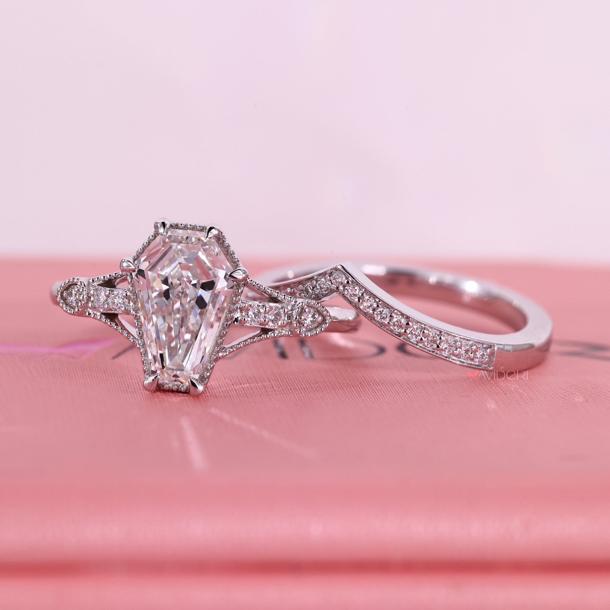 Custom bridal set with engagement ring and matching curved wedding band.