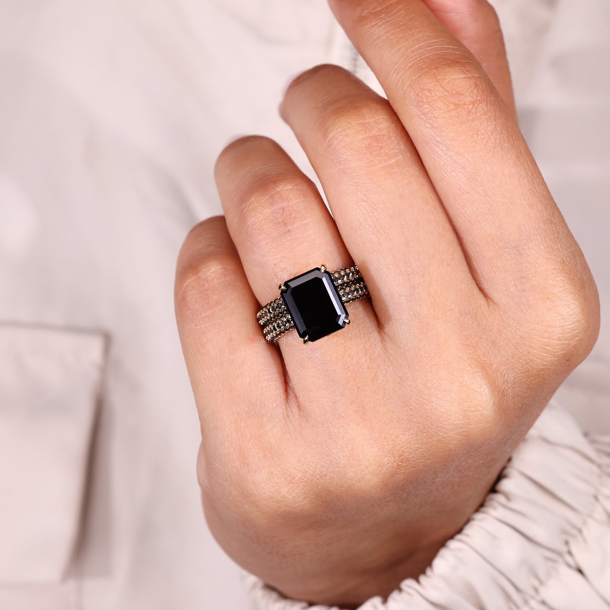 Moissanite bridal ring sets with emerald cut moissanite center stones.