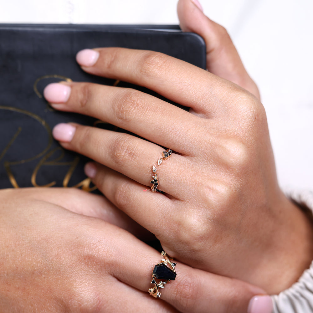 Stackable black moissanite wedding band with handmade yellow gold design.
