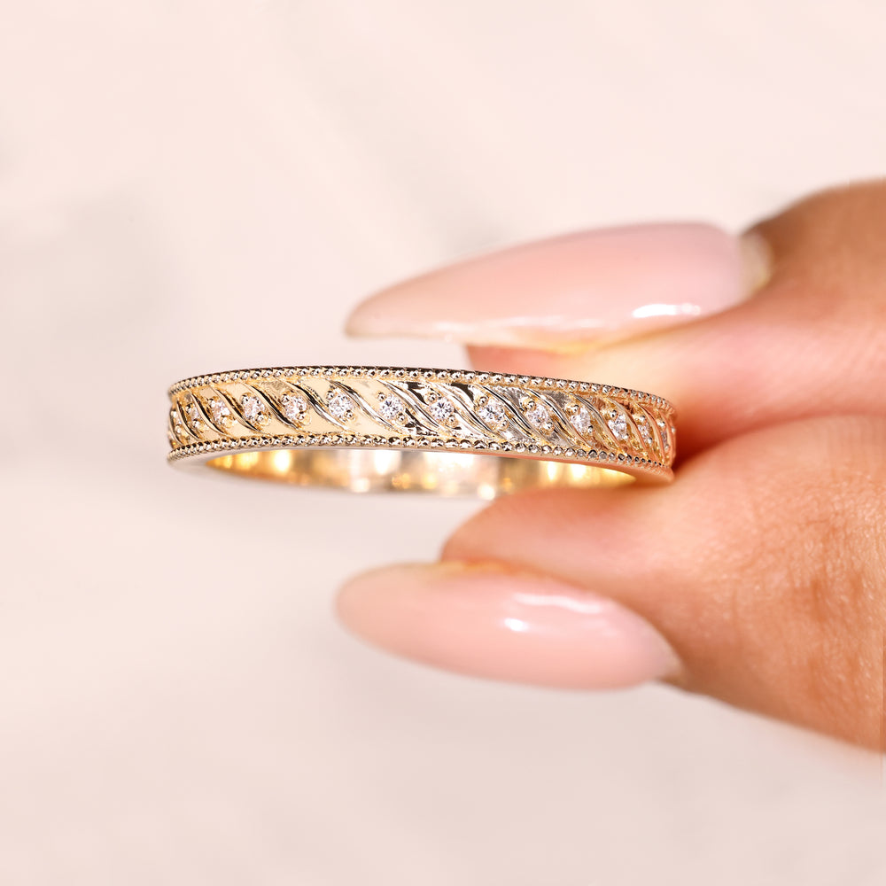Eternity wedding band with round diamonds.

