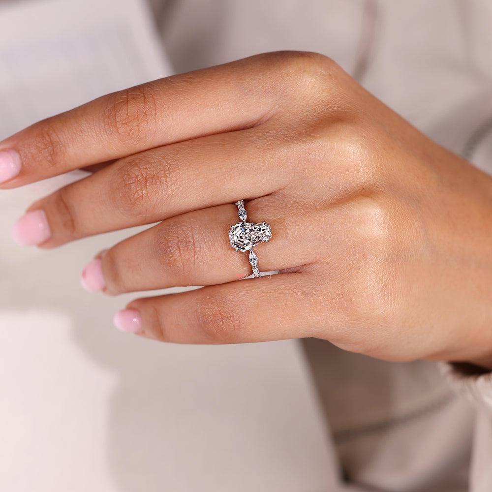 Coffin cut lab grown diamond ring with pave band.