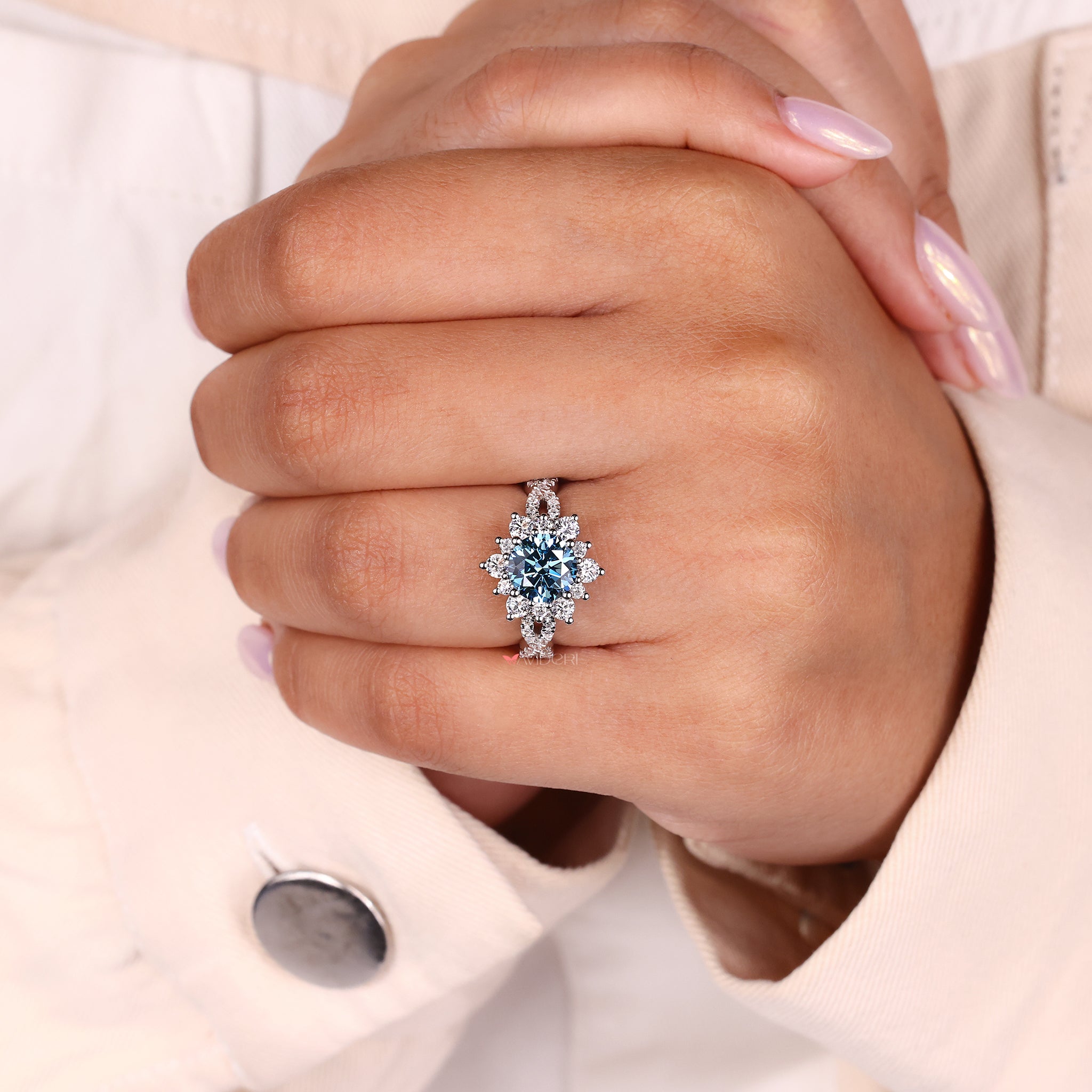 buy engagement ring with round blue diamond and lab grown pave band.