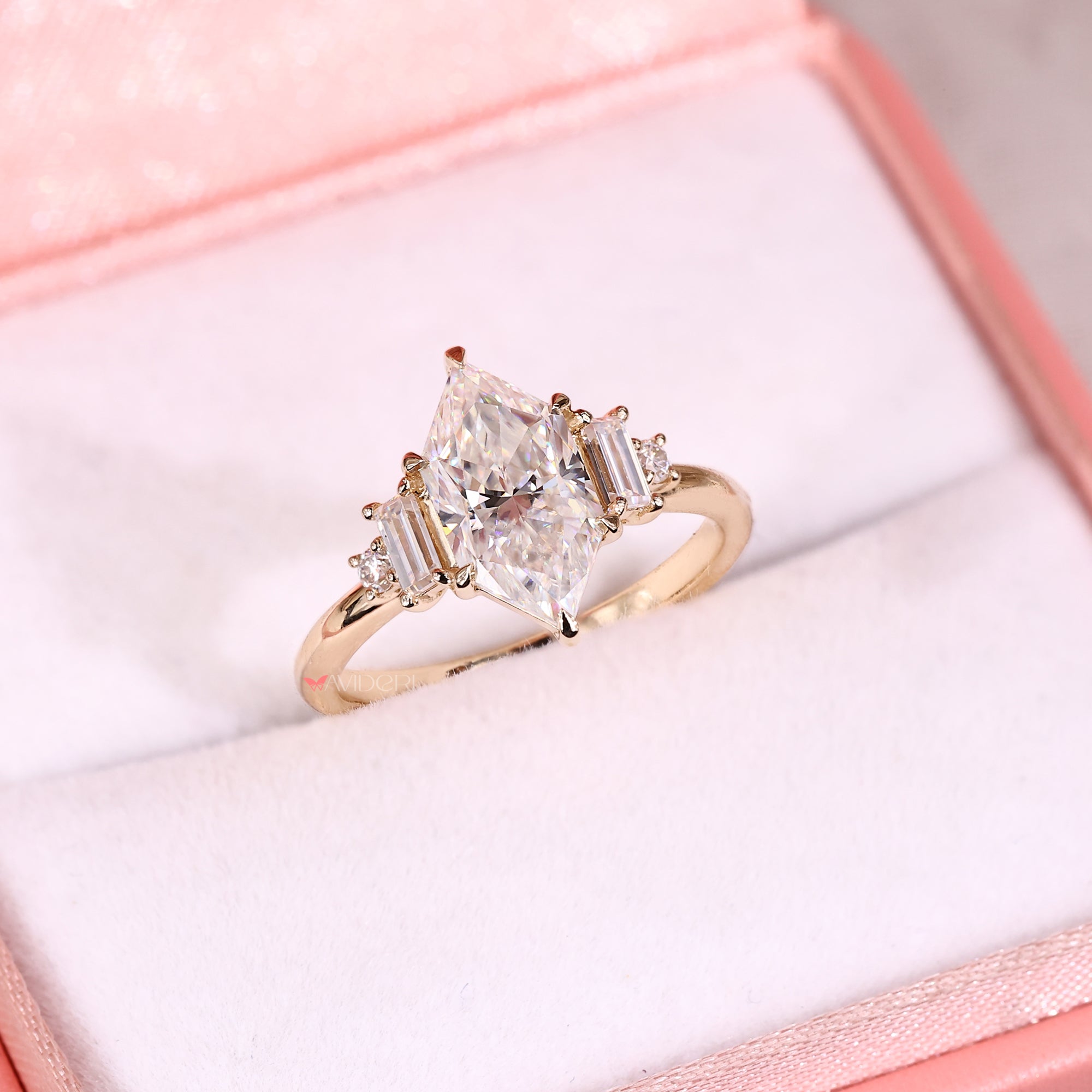 Handmade jewelry in moissanite engagement ring style.