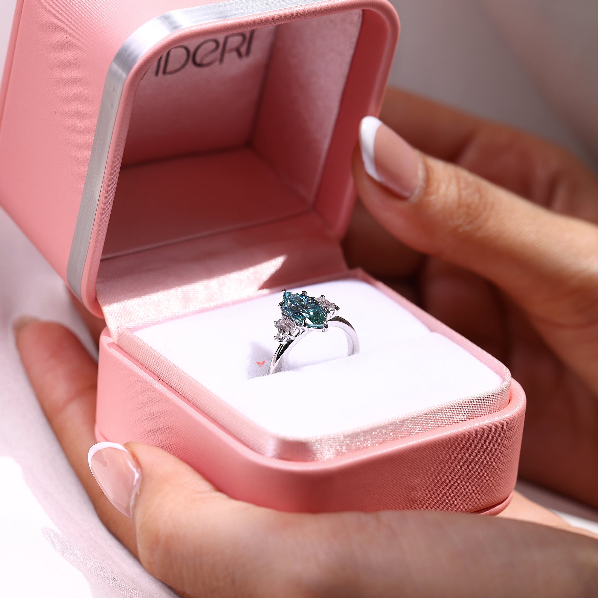 Cyan blue moissanite ring with 5 stone engagement ring.