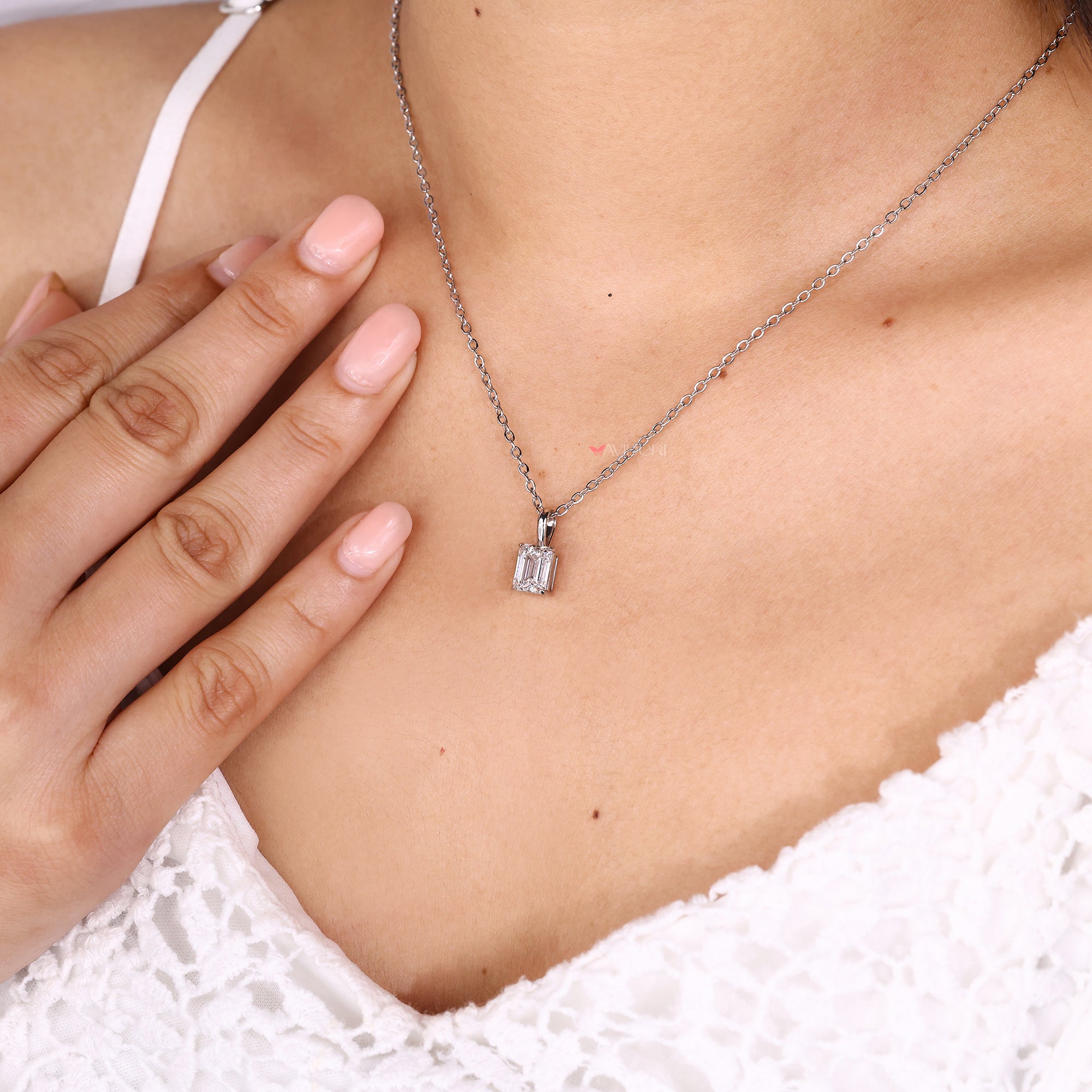 Emerald cut diamond pendant crafted with lab grown diamond.