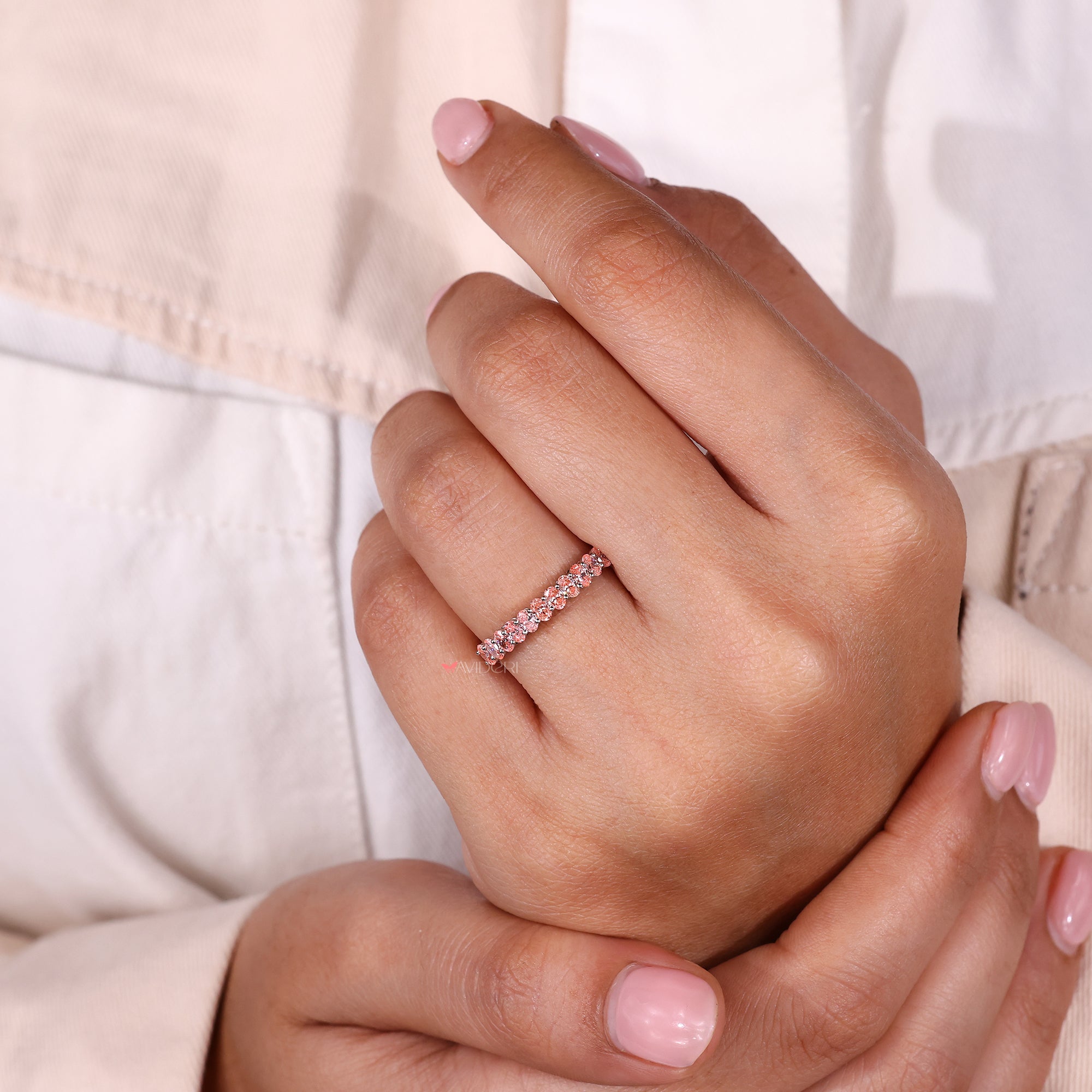 Pink oval diamond band handcrafted with Lab Grown Diamond stones.