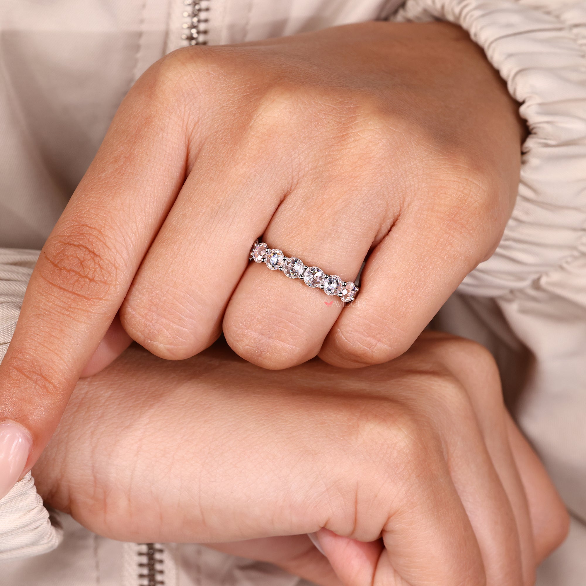 Round rose cut band offers timeless sparkle with a delicate, round shape.