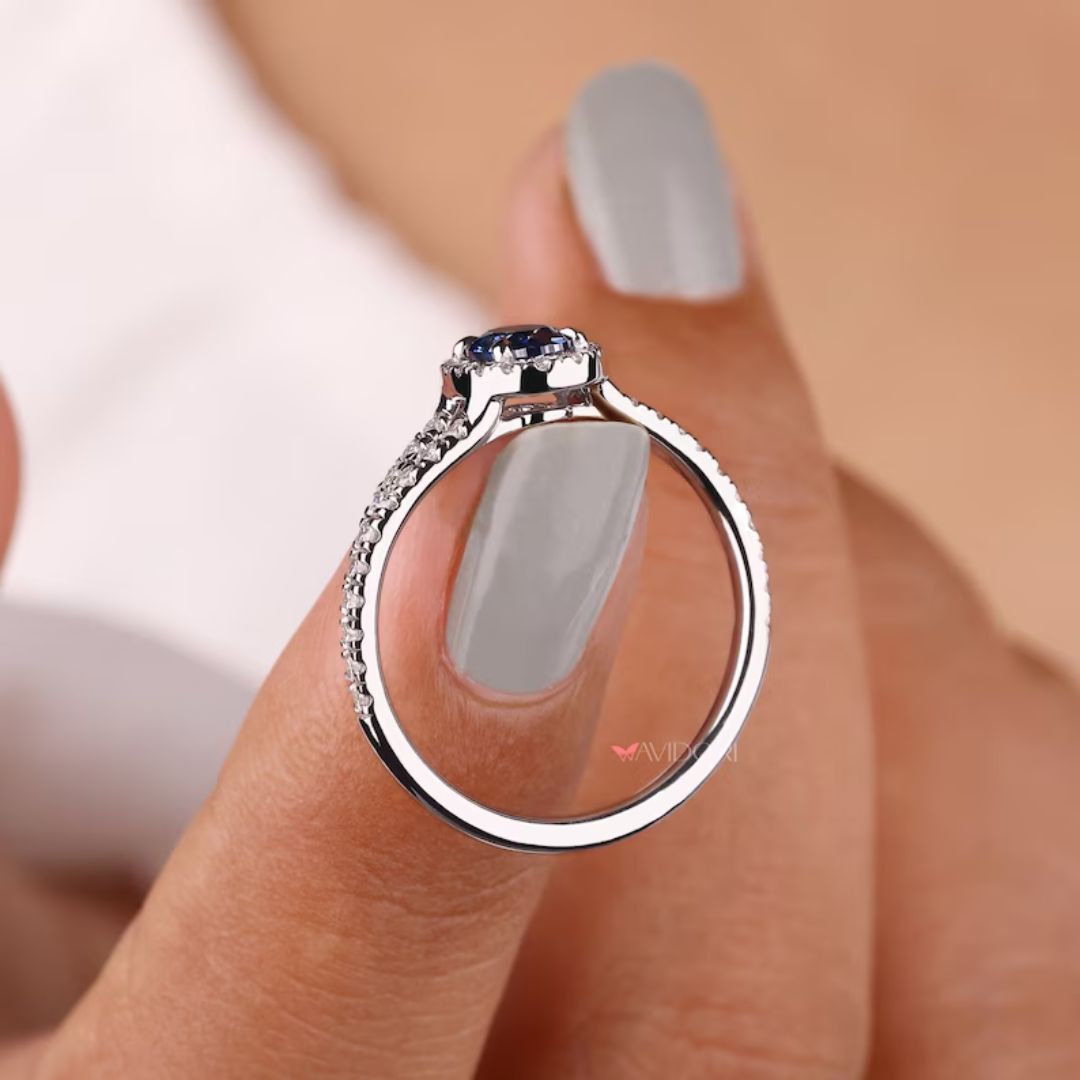 White gold engagement ring matches perfectly with moissanite engagement ring.