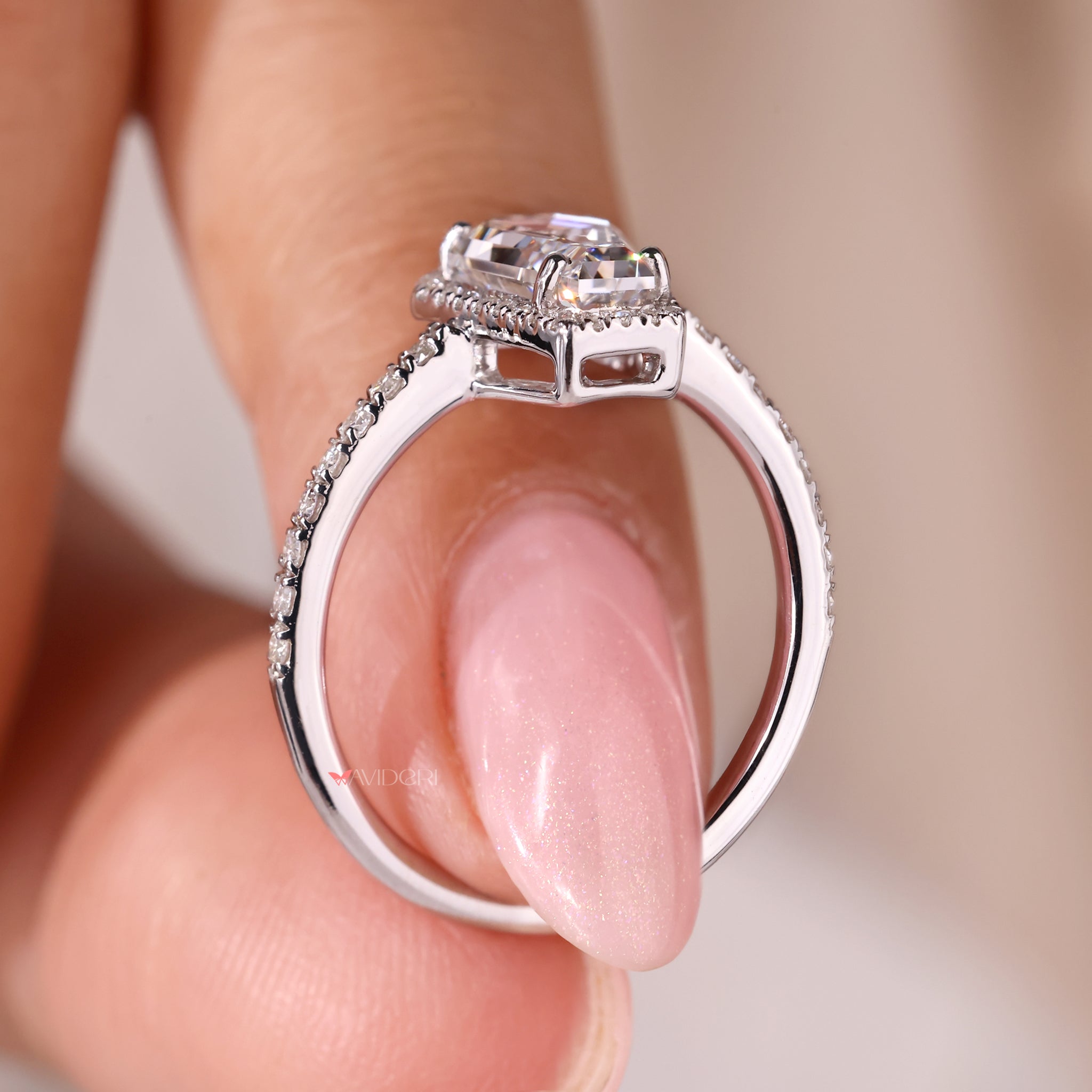 White gold engagement ring featuring a unique pave setting.