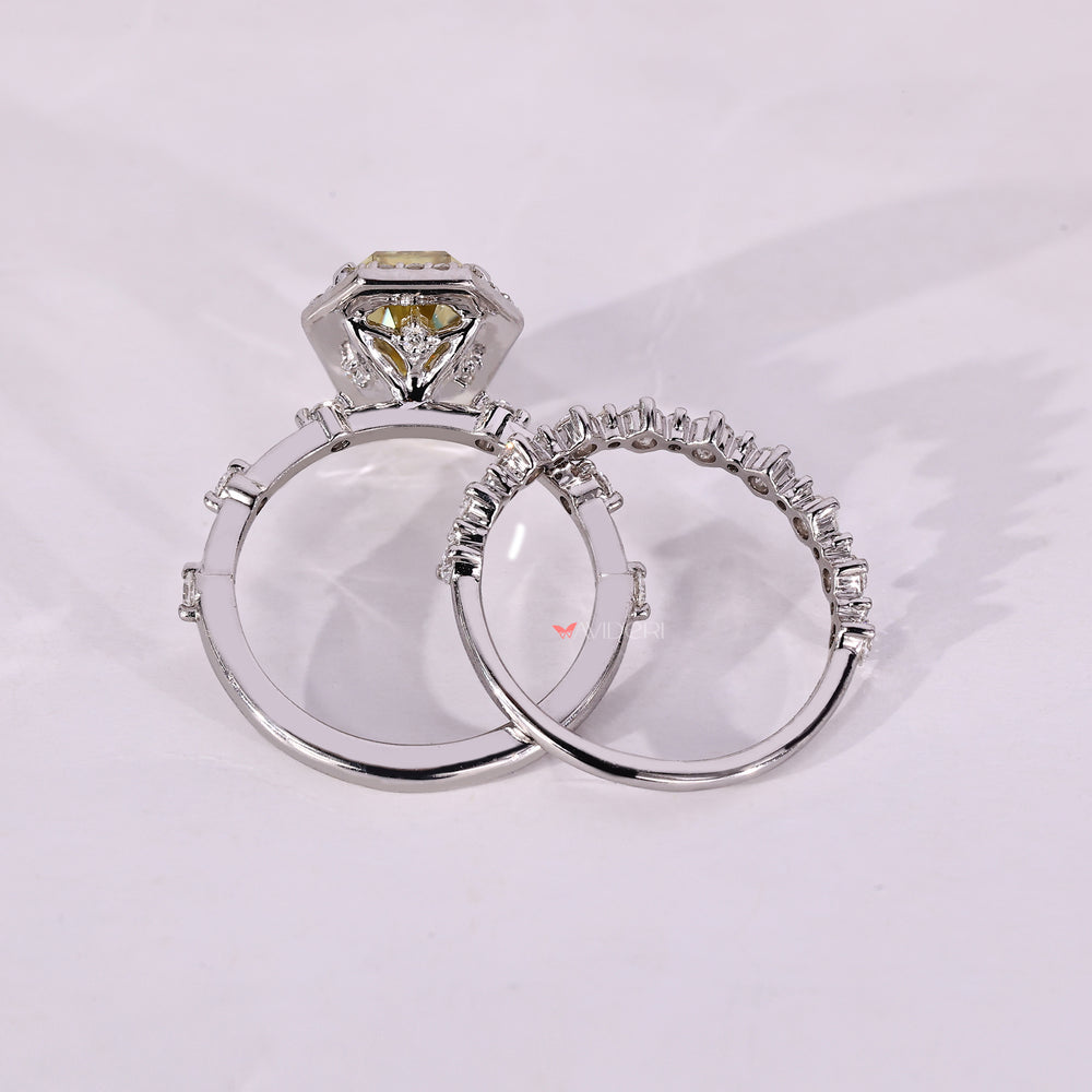 White gold wedding band with moissanite bridal set.