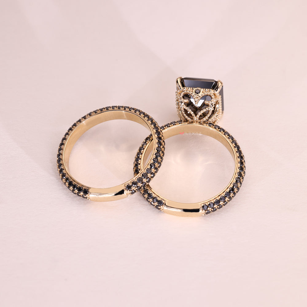 Emerald cut moissanite ring with an emerald cut engagement ring setting.
