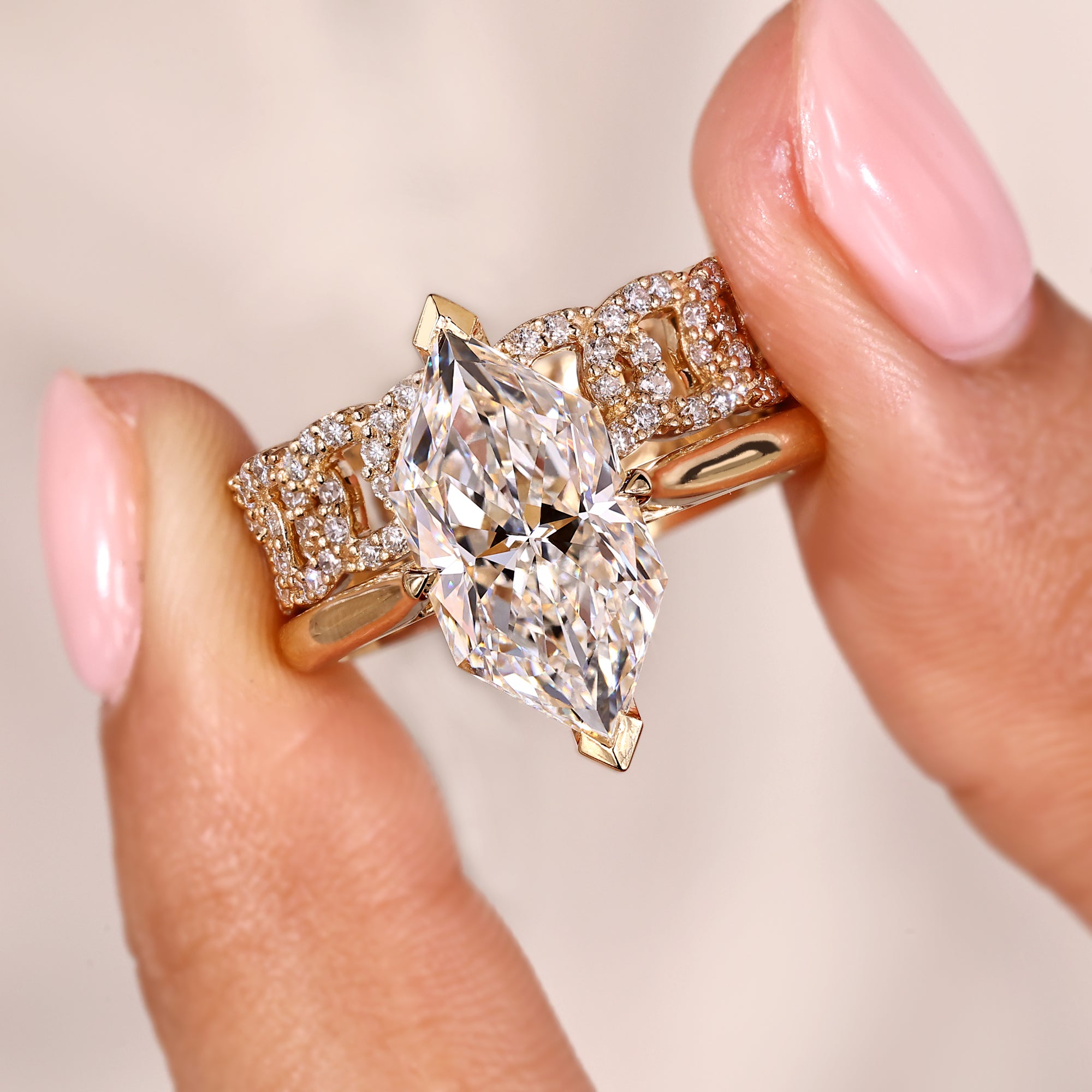 Handmade jewelry crafted with lab grown diamonds in cathedral setting style.