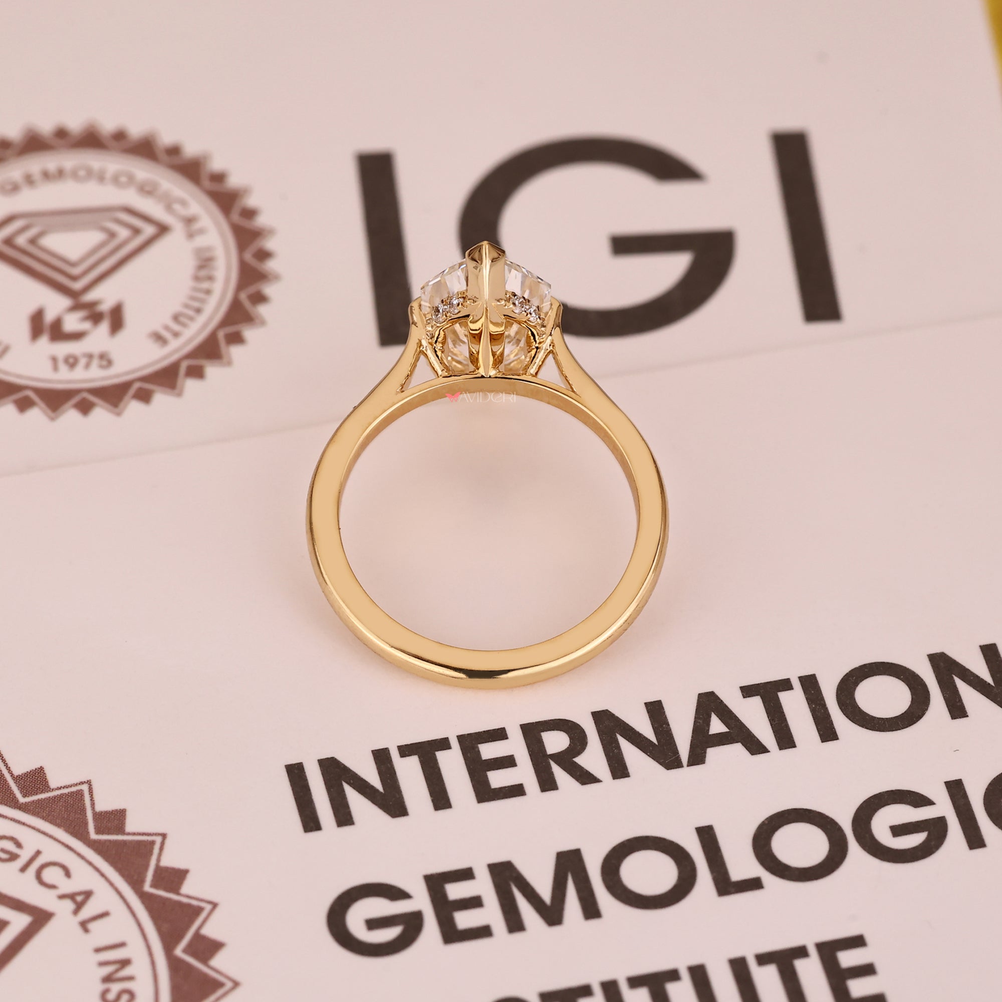 Yellow gold diamond ring handmade with lab grown diamond in classic design.