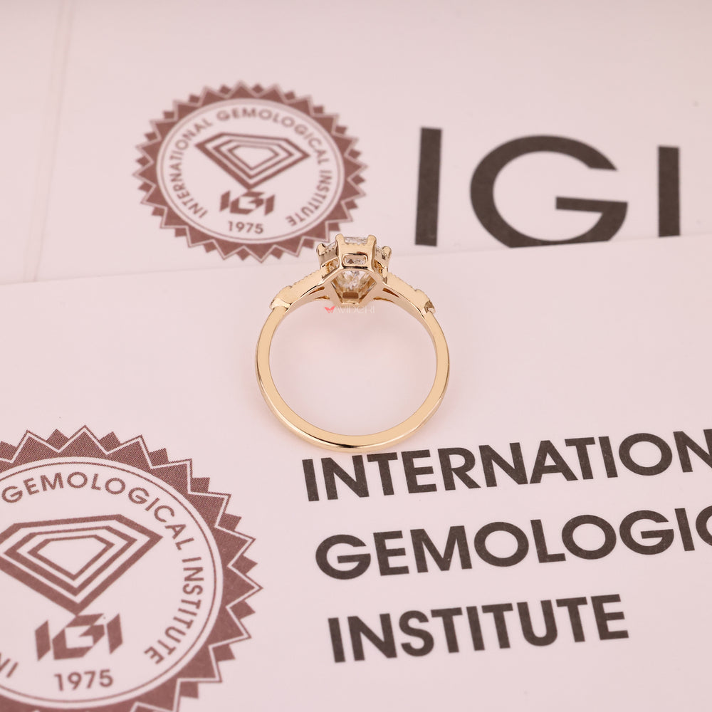 IGI certified coffin cut engagement ring in yellow gold.
