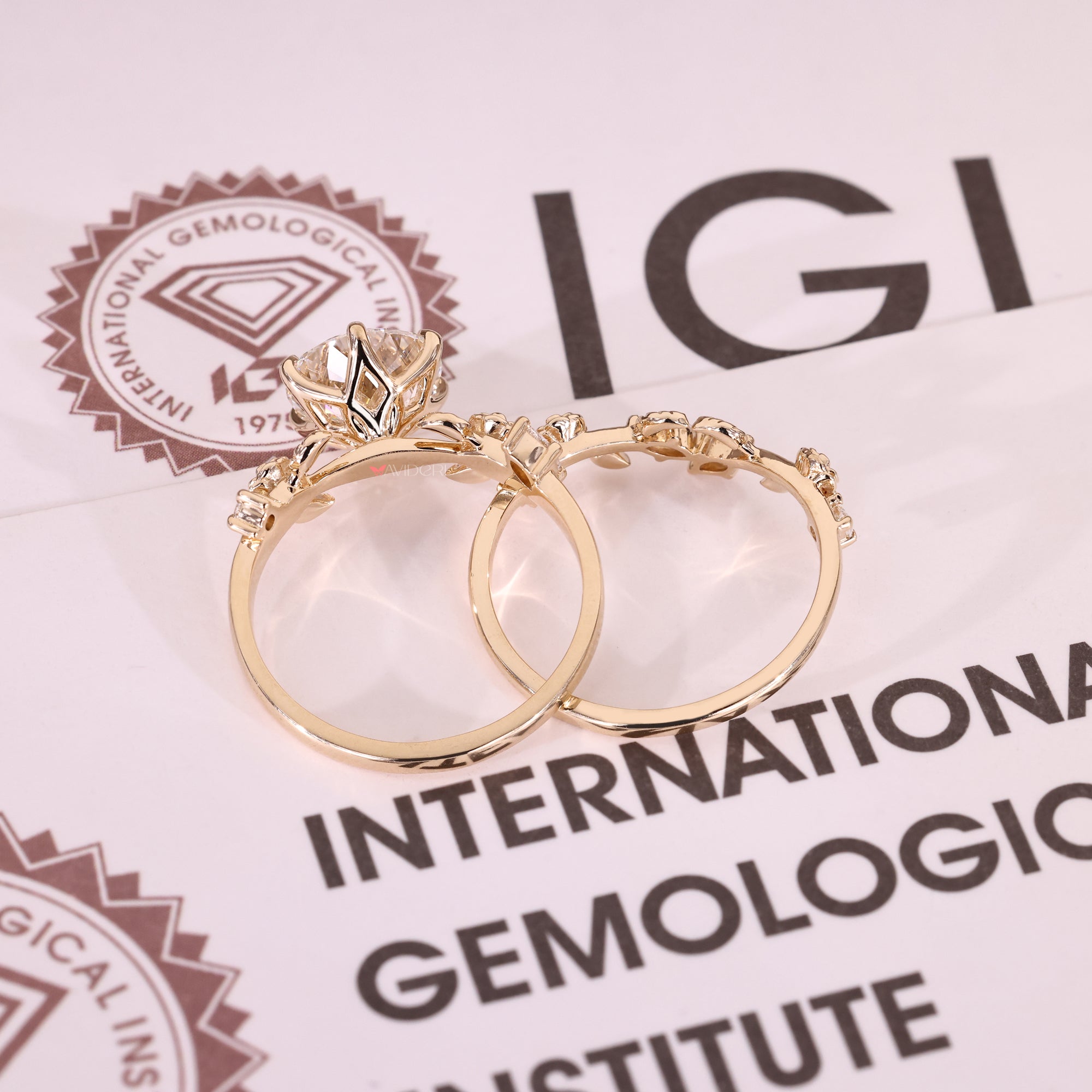 IGI certified lab grown diamond bridal set with Portuguese cut center stone
