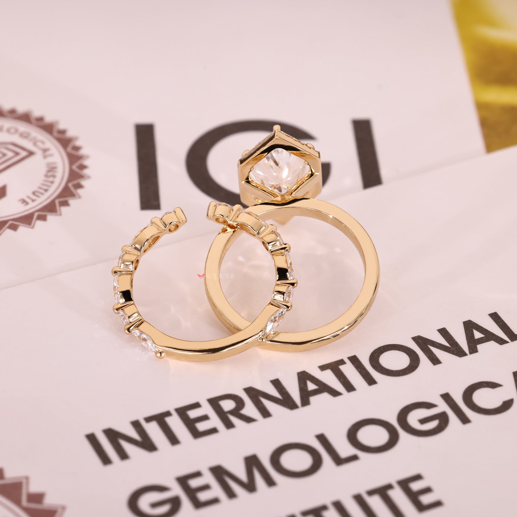 Yellow gold ring with diamond halo.