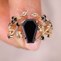 Black Moissanite Coffin Cut Ring With Band Yellow Gold Bridal Set