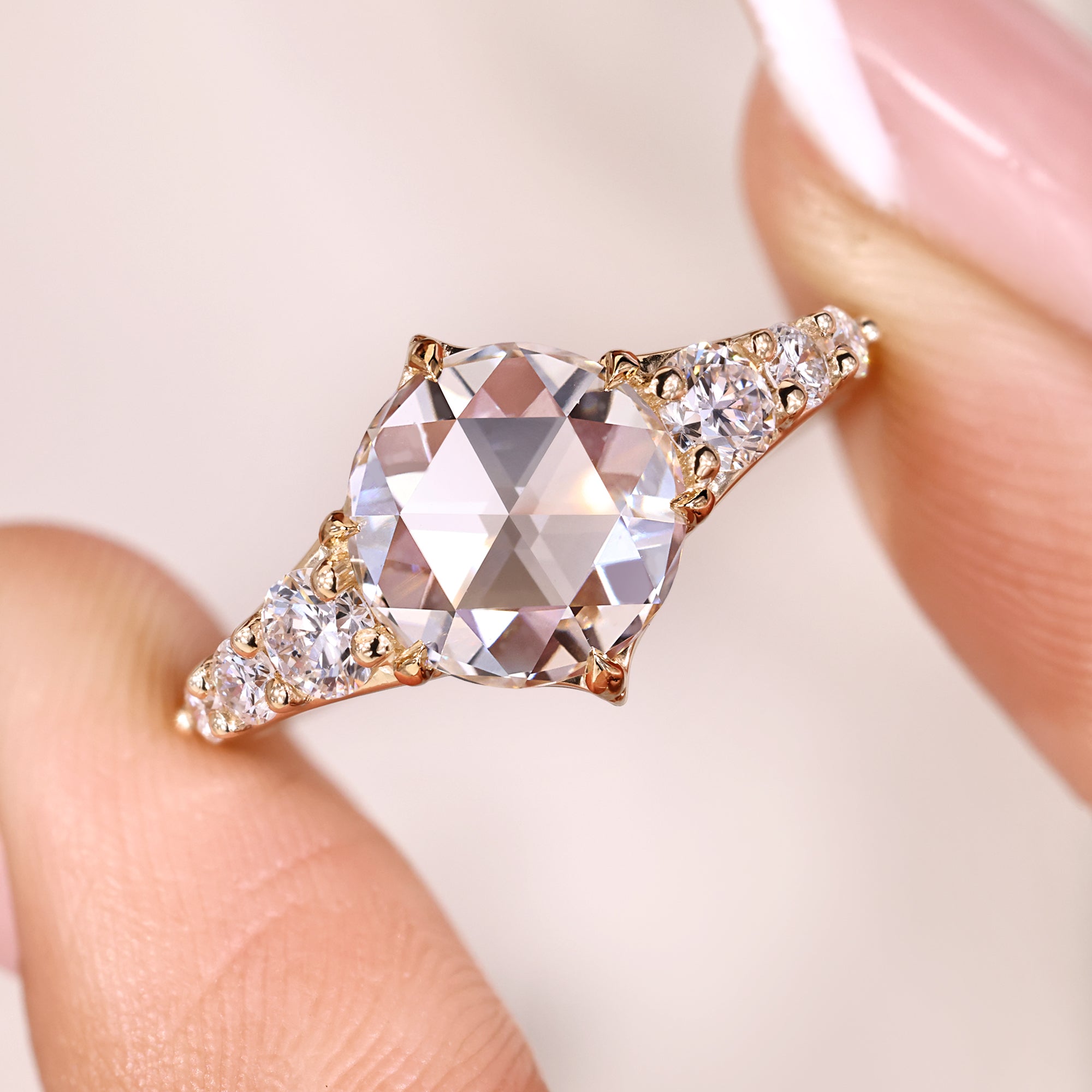 Round rose cut engagement ring with seven stone engagement ring.
