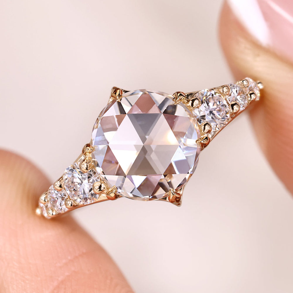 Round rose cut engagement ring with seven stone engagement ring.
