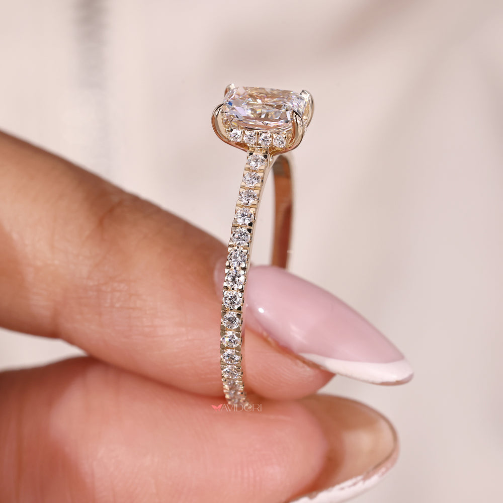 Prong setting, pave engagement ring, cathedral setting ring.