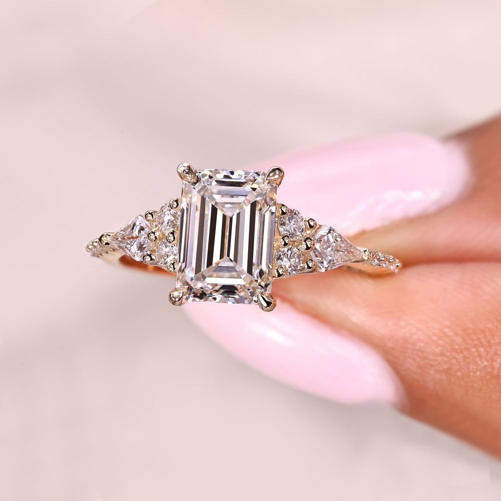Lab grown emerald diamond ring with muse setting style
