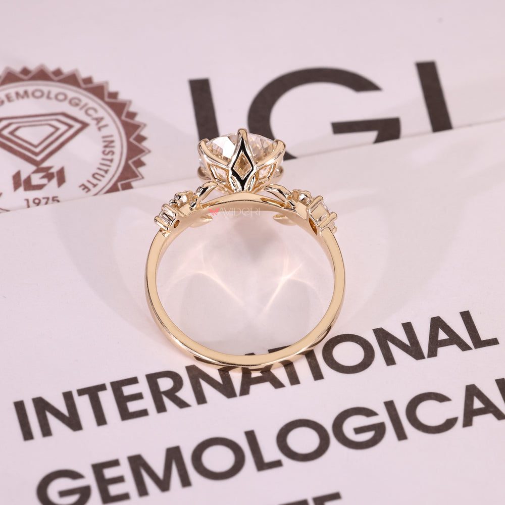 Six claw prong Portuguese cut lab grown diamond ring with organic detailing
