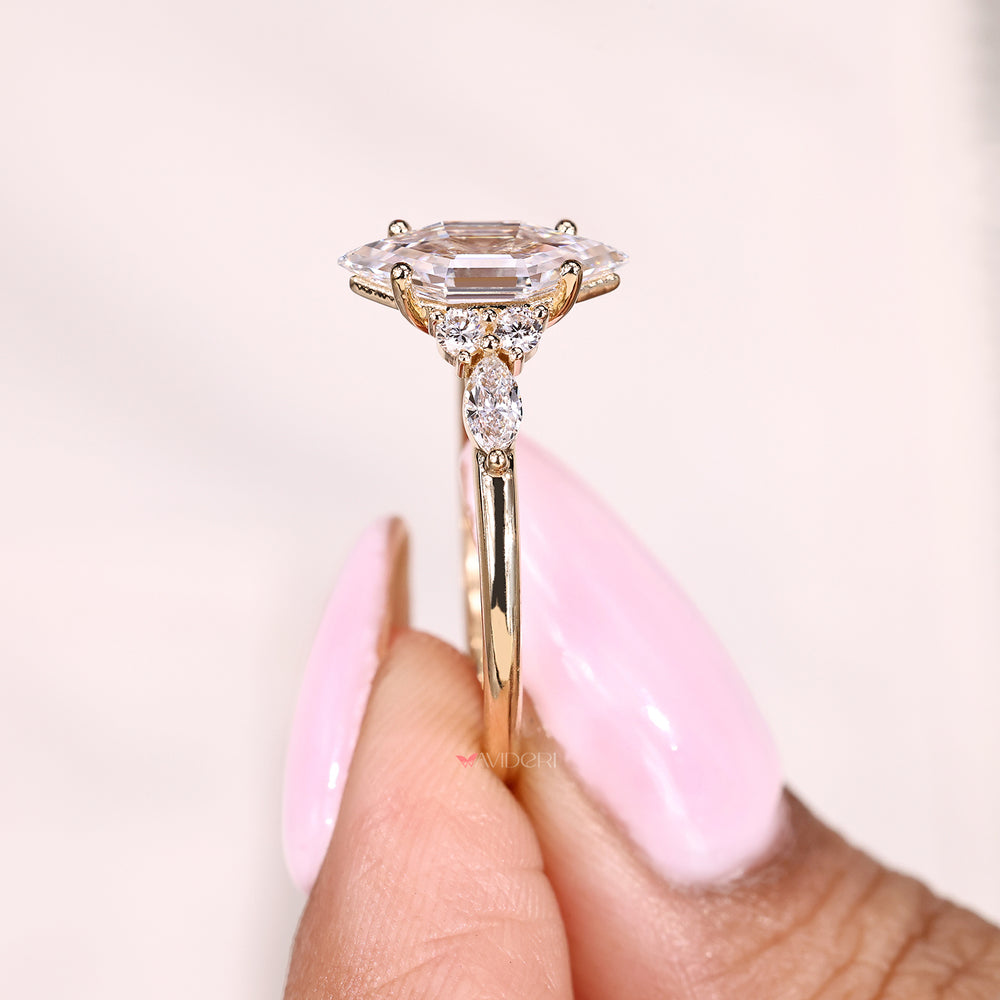 Lab grown hexagon diamond ring with cathedral setting style
