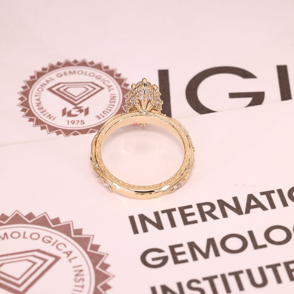 Vintage style marquise ring with pave setting and milgrain
