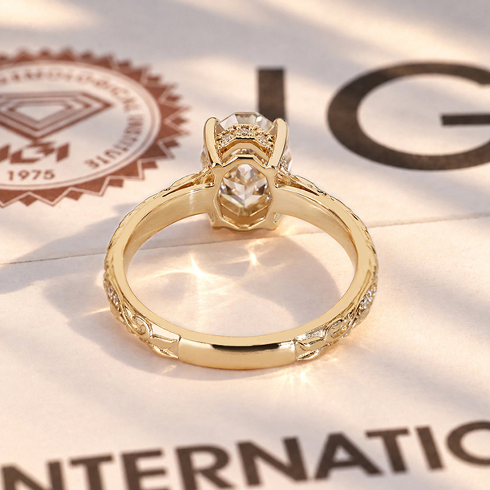 Lab grown diamond ring with botanical filigree shank
