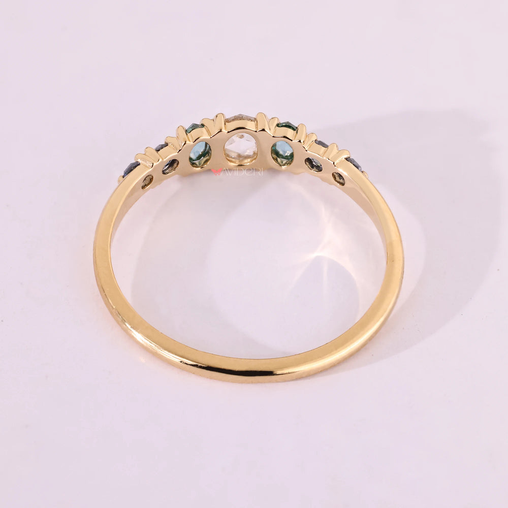 Yellow gold wedding band with moissanite wedding band style.