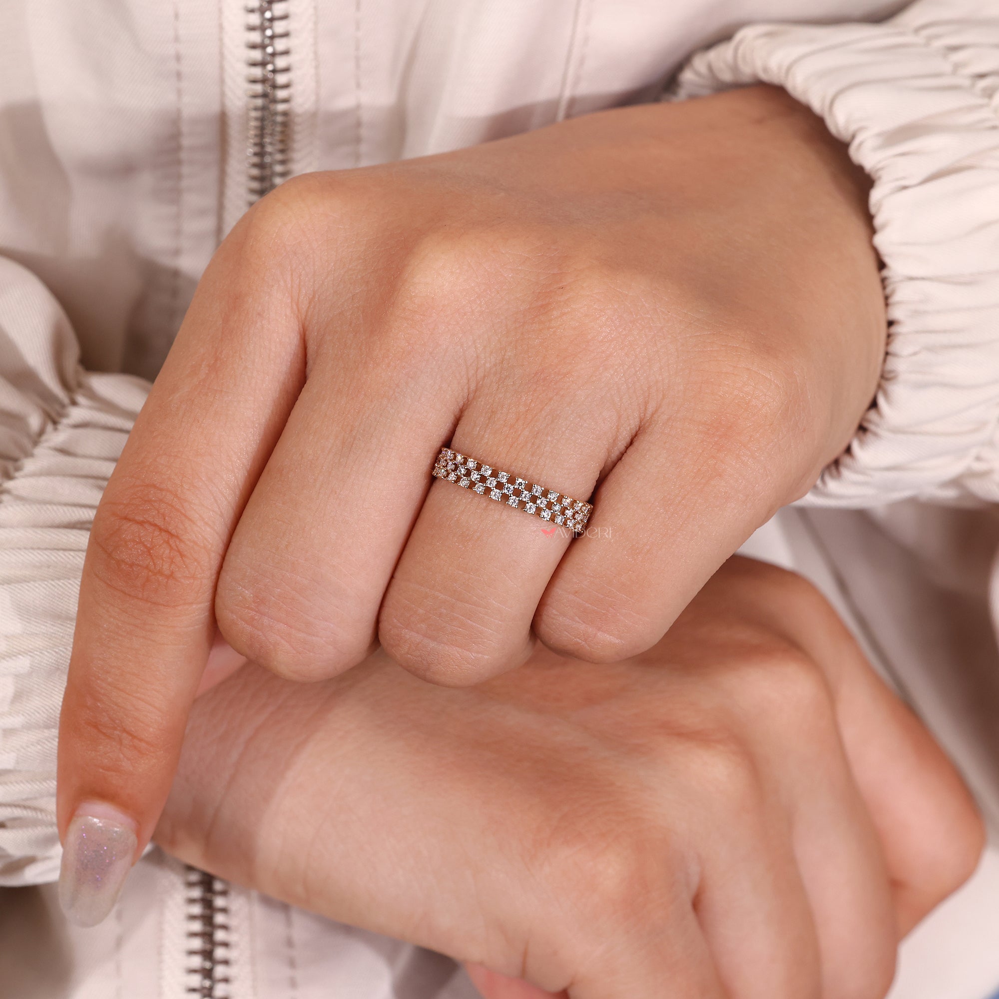 Full eternity wedding band in yellow gold.