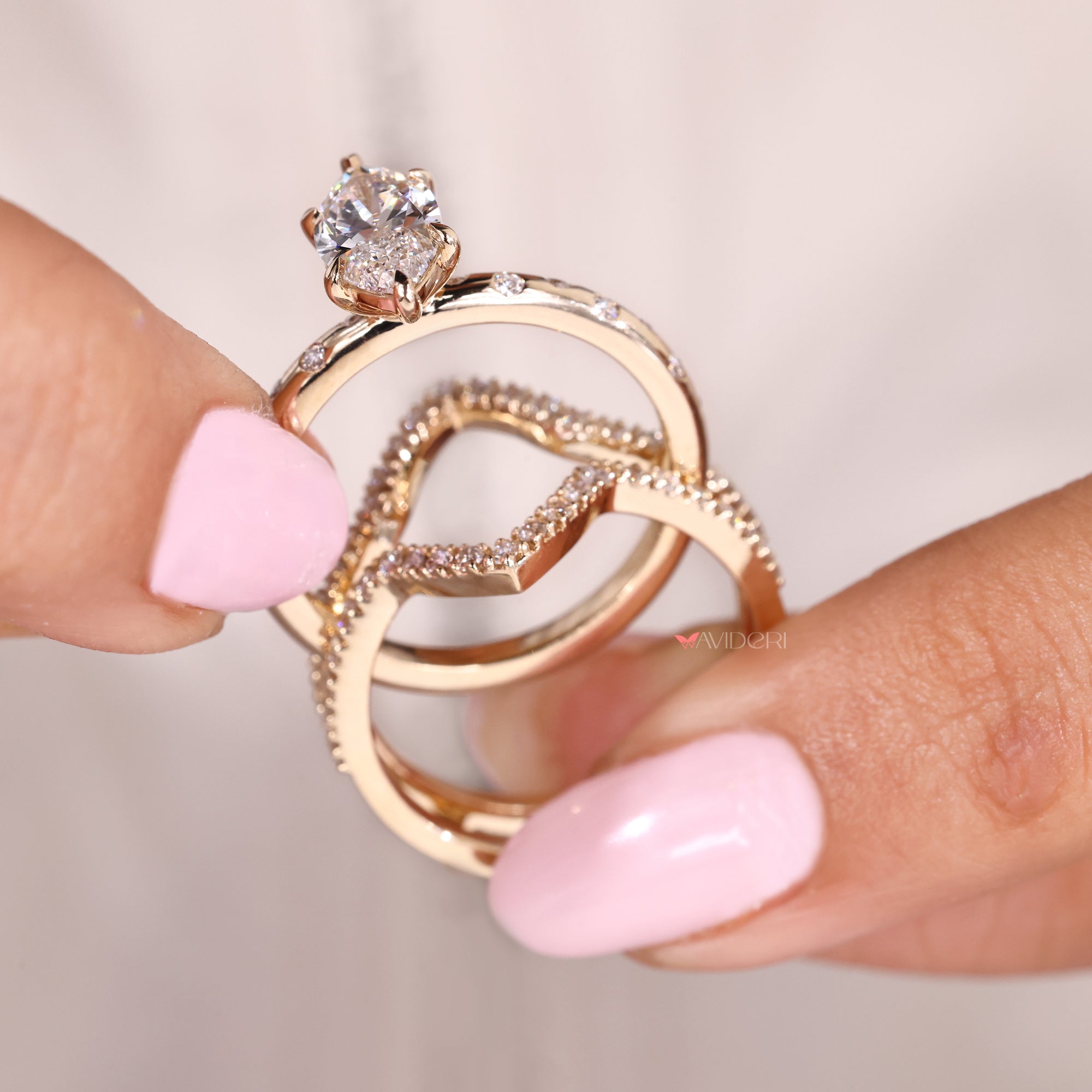 Wrap guard wedding band in yellow gold bridal set.